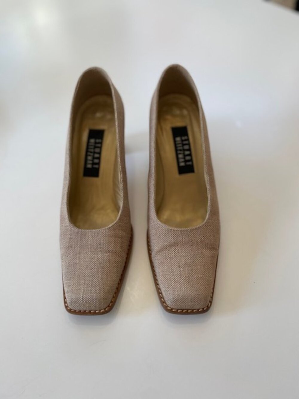 Stuart Weitzman Beige Fabric Square Toe Block Heel Pumps Size 6 1/2